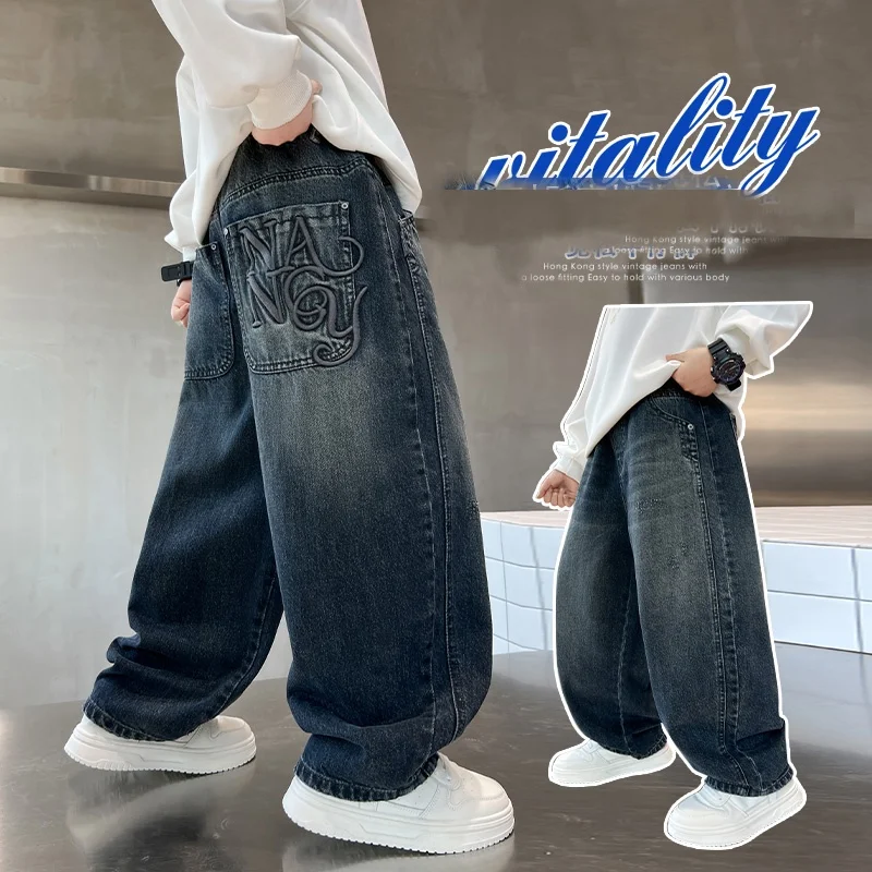 

Boys Jeans Ages 4-14Y Child Long Pants Tween Boy Denim Students Spring Autumn Pocket Embroidery Trousers Toddler Straight Jeans