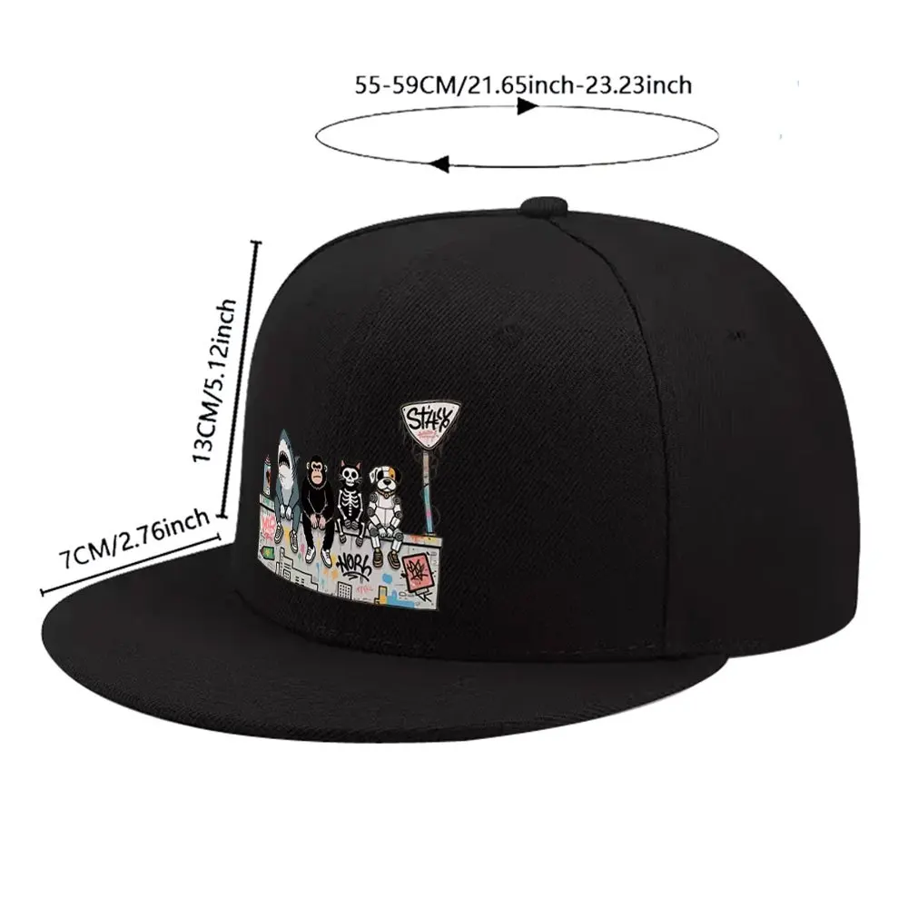 A Versatile Graffiti-style Baseball Cap Featuring Shark, Chimpanzee, Skull, Cat, and Robot Designs. Unisex
