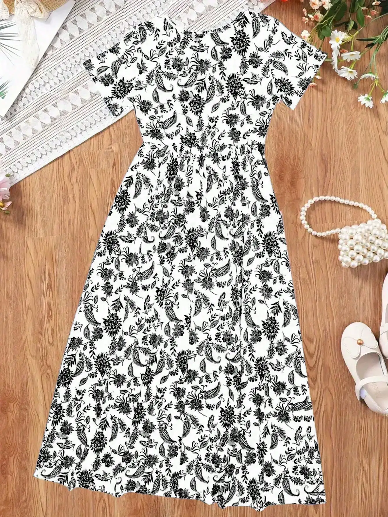 Mädchenkleid im Bohemian-Stil mit Paisley-Muster, Kurzarm, Mittellang, Lässiges Sommerkleid, Urlaubsgeschenk 2026 – Detail 8