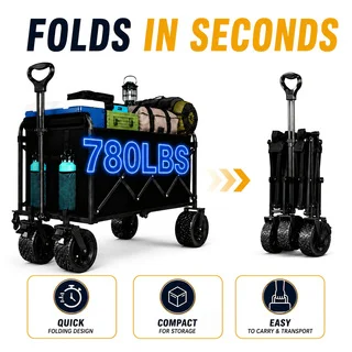New 780/580/390LBS Heavy Duty All-Terrain Folding Wagon, 360° Swivel Cart, Reinforced Galvanized Steel Frame, 600D Oxford Fabric, Large Capacity Collapsible Wagon with Adjustable Handle & Wide Wheels for Shopping, Camping, Sports, Garden & Outdoor