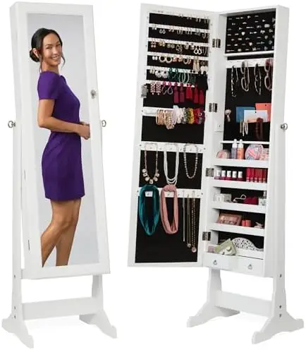 Freestanding Jewelry Armoire Cabinet, Full Length Standing Mirror, Lockable Makeup Storage Organizer, w/Velvet Lining