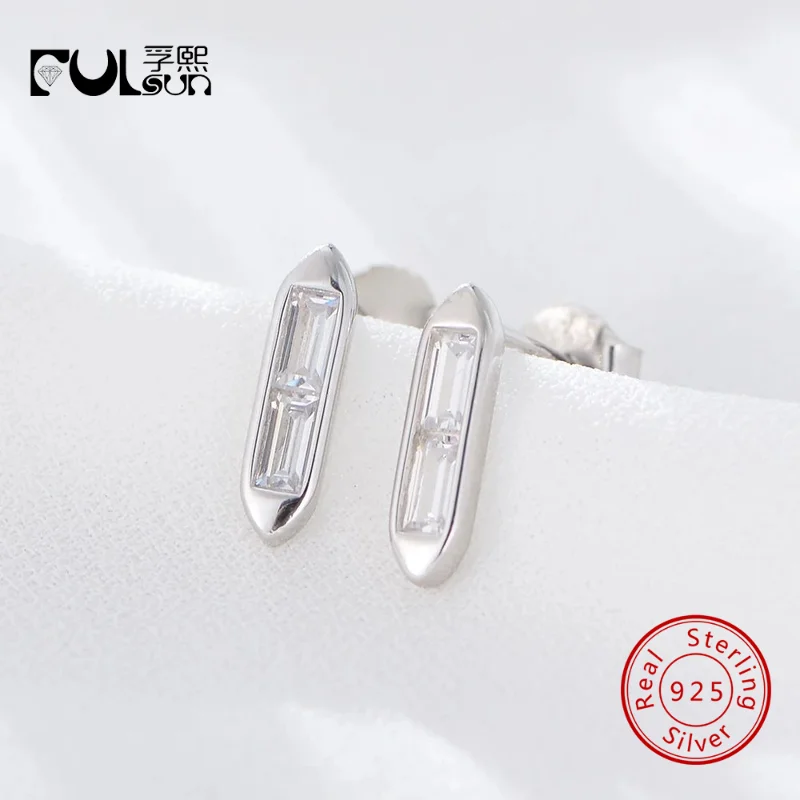 925 Sterling Silver 14K Gold Plated Rhodium Plated Long Baguette CZ Stud Earrings Clear Zircon Minimal Daily Jewelry