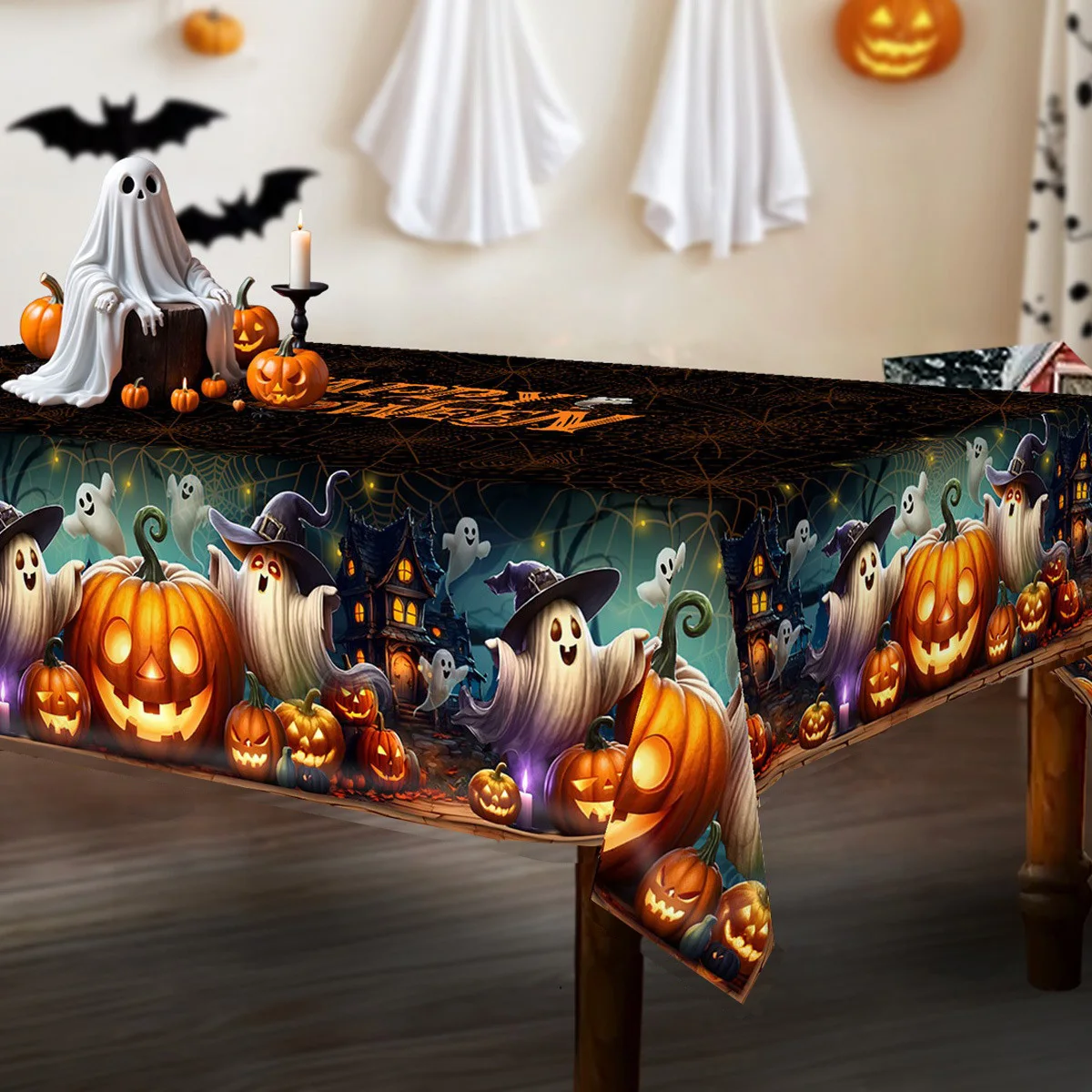 JIT1PC tablecloth, Halloween tablecloth - Terrifying pumpkin ghosts, haunted castles and pumpkinszyc