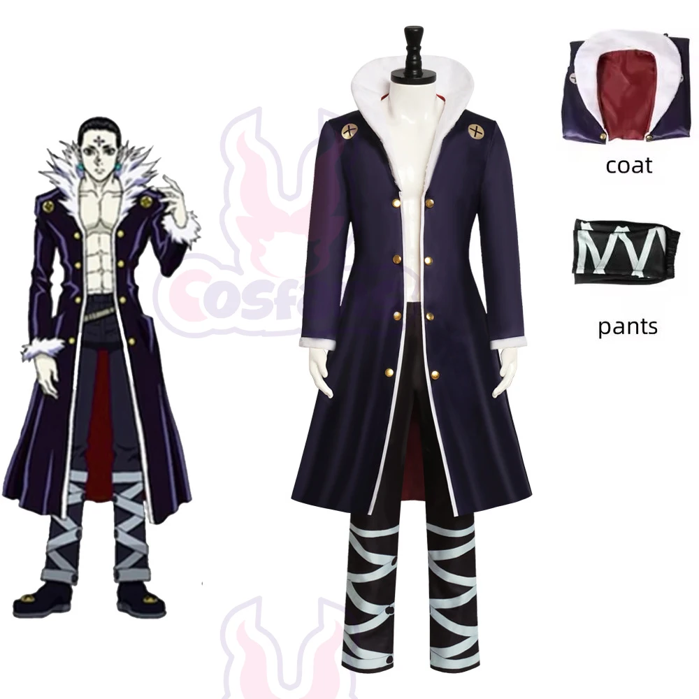 

Anime Chrollo Lucilfer Cosplay Kuroro Rushirufuru Dark Costume Phantom Troupe Long Cloak Coat Uniform Man Woman Halloween Suit