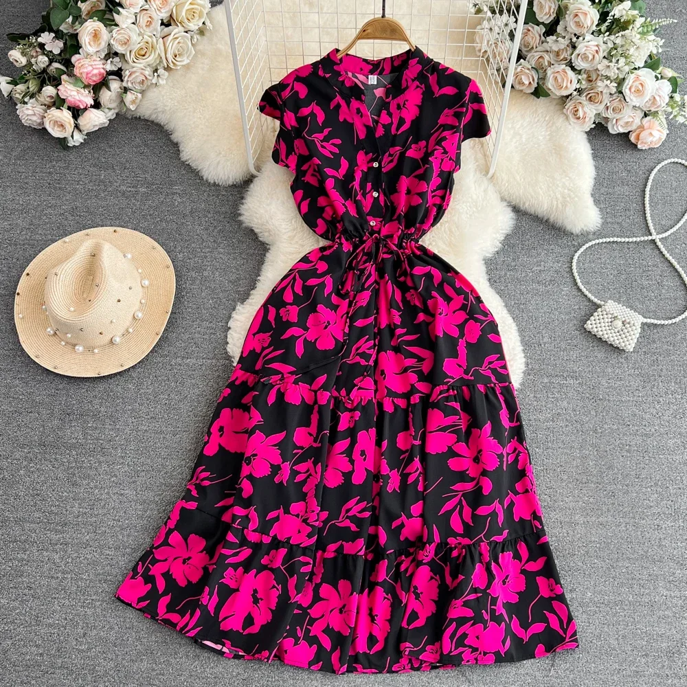 2026 Summer Women Floral Midi Dress Vintage V-Neck Ruffle Hem Elegant Single Breasted Vestidos Female Vacation Beach Robe New