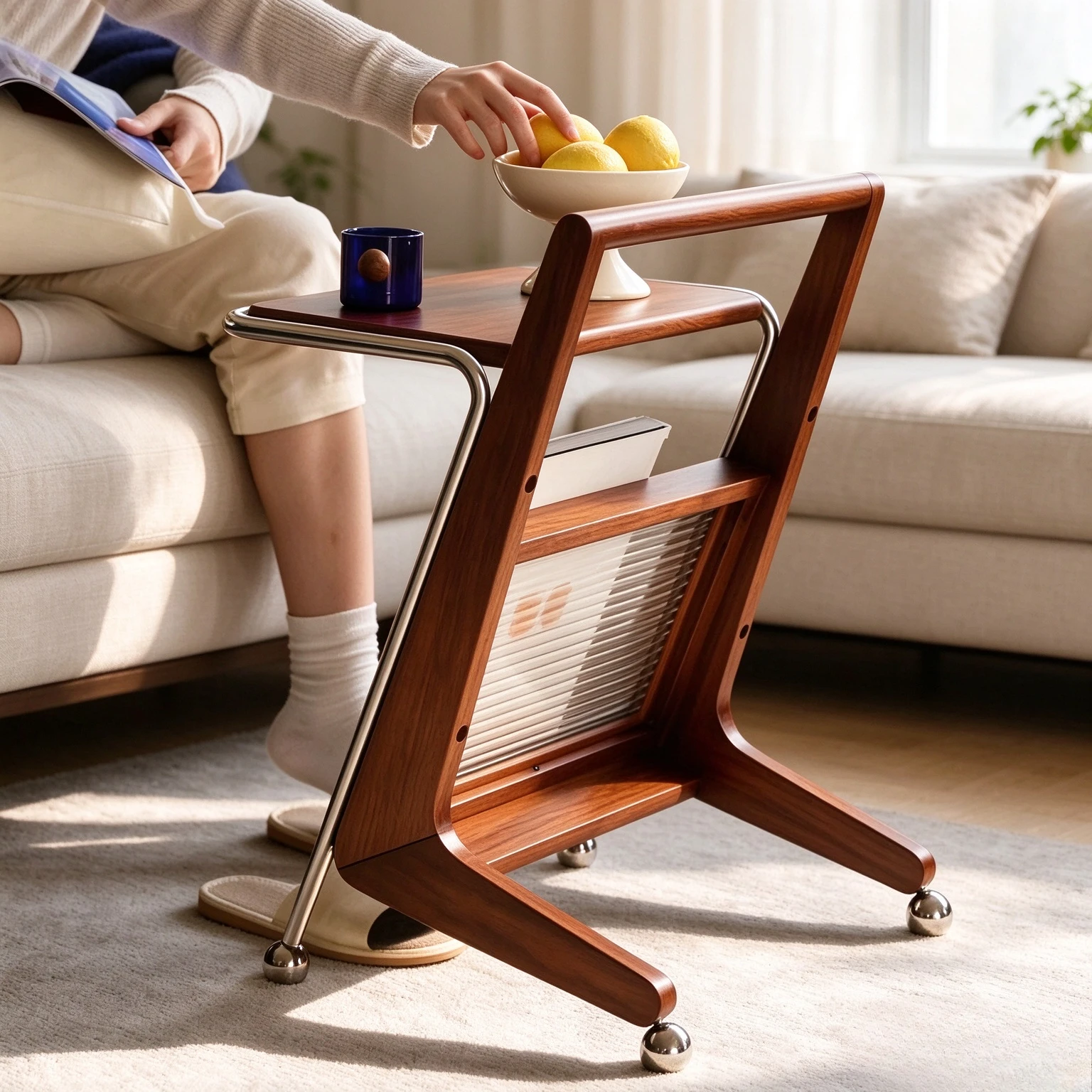 Mid Century Solid Wood Side Table with Storage Shelf, Movable Sofa End Table and Bedside Organizer for Living Room and Bedroom