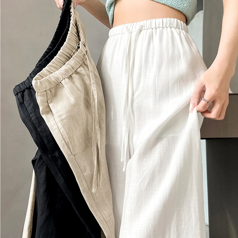 

White Women's Linen Summer Slimming Casual Pants Ice Silk Cotton Wide Leg Loose Fit High Waist Dra Trendy Summer Wear