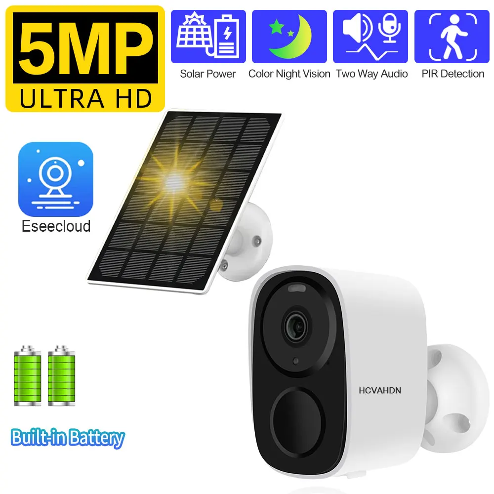 

5MP Solar WiFi Camera Outdoor with Built-in Battery Wireless IP Camera Color Night Vision Video Surveillance Security Cam