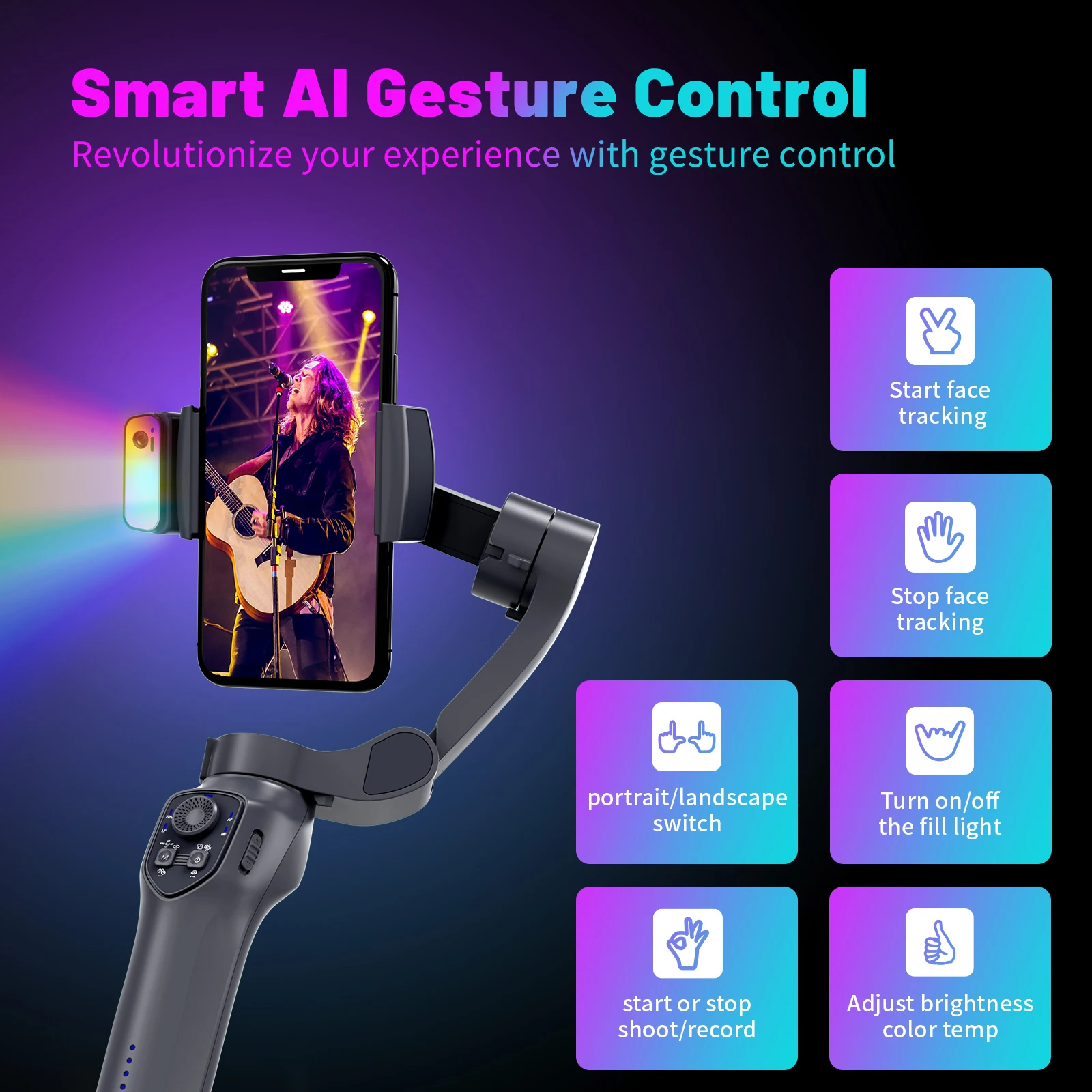 Comitok 3-Axis Gimbal Stabilizer for Smartphone iPhone Android with AI Face Tracking RGB Magnetic Light for TikTok Vlog Portable