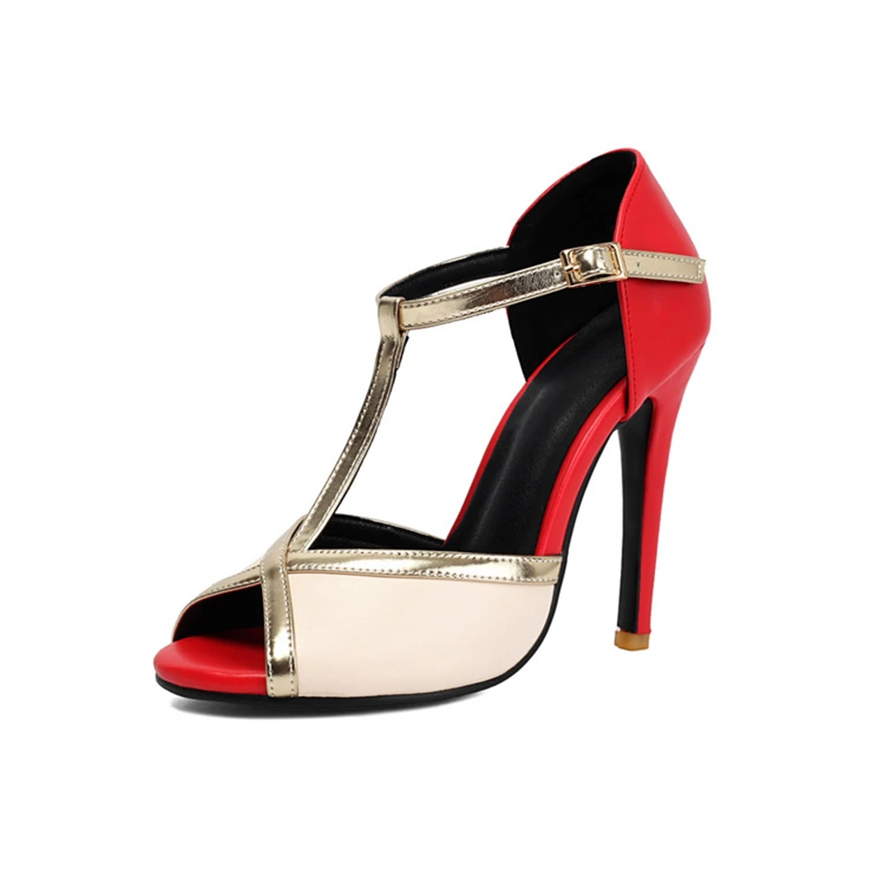 

Plus Size 35-47 Women's T-Strap Platform High Heel Sandals Red Blue Color Block Open Toe Party Shoes 92601