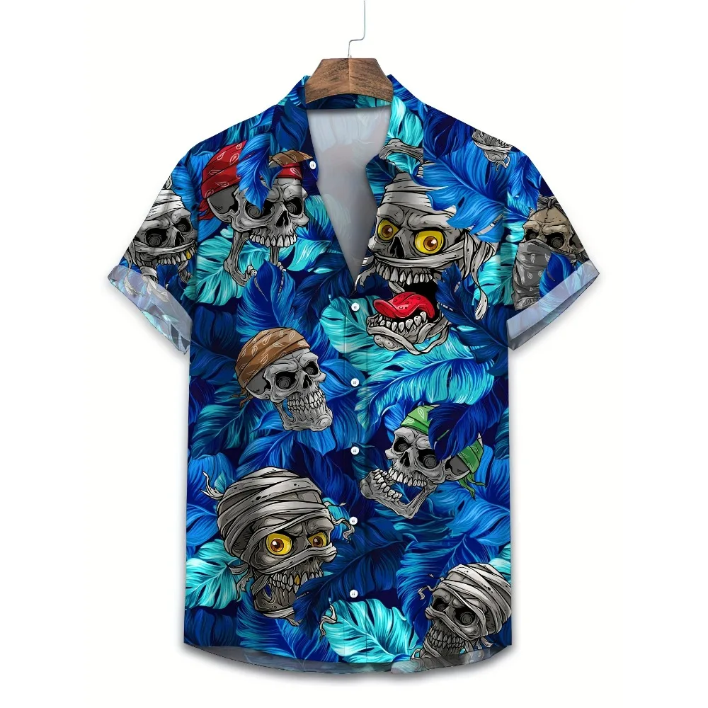 

Funny Skull 3D Print Short Sleeve Shirts for Men Clothes Casual Lucky Skeleton Graphic Lapel Shirt Button Tops