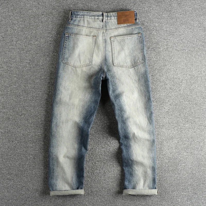 

Потертые винтажные дизайнерские американские модные джинсы в стиле ретро для мужчин, свободные прямые уличные стильные индивидуальные красивые брюки
