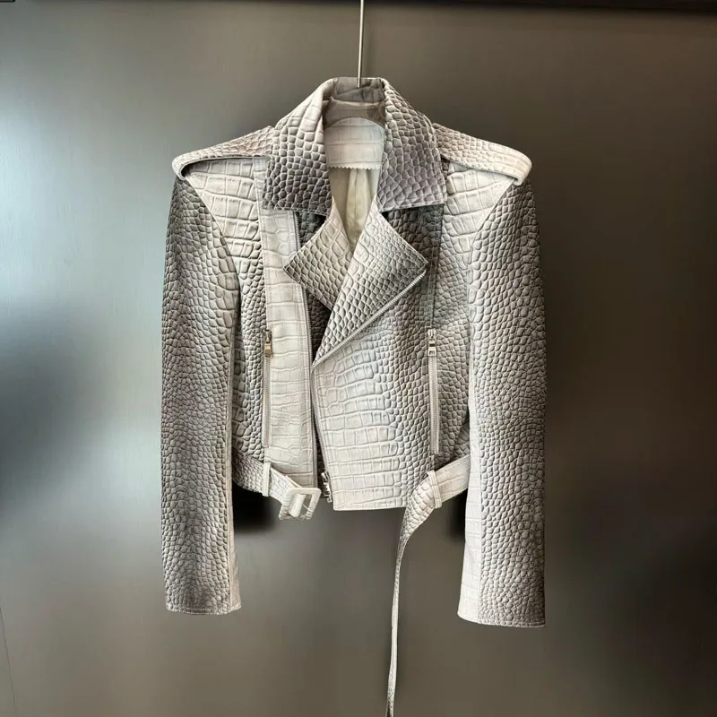 Women Coat Spring 2025 New Fashion Genuine Leather Jacket Imitation Crocodile Skin Texture Motorcycle Model