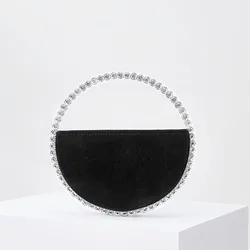 Ins Women's Clutches Fashion Party Round Shape Balck Flannel Rhinestone Mini Handbag