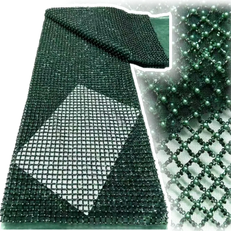 

Green Luxury Lace Fabric 5 Yards French Hand Beaded Tulle Fabric Groom Embroidery Sequins African Fabric for Sewing 2038