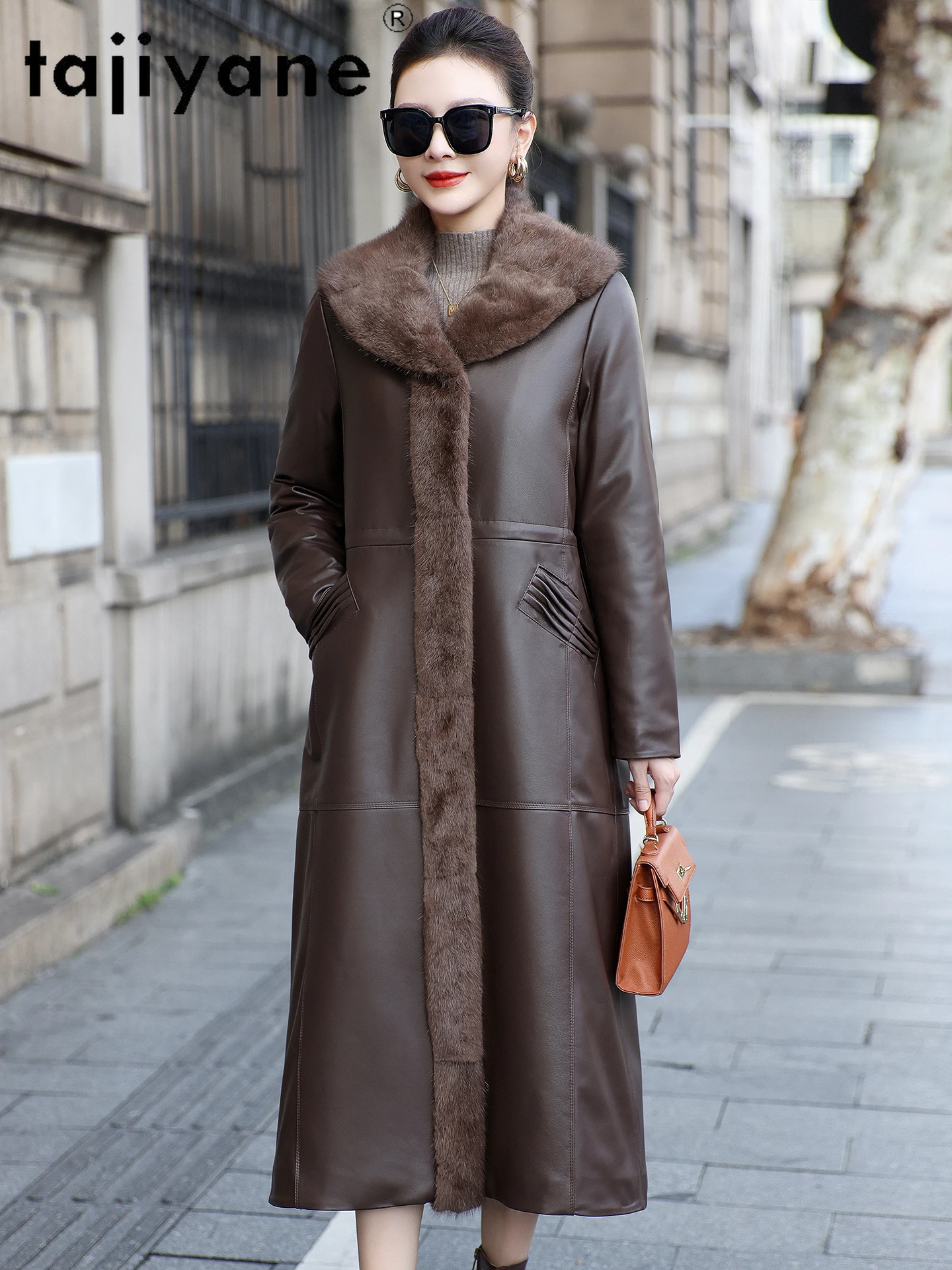 TAJIYANE طبقة علوية من جلد الغنم أوزة أسفل معاطف امرأة Muskrat الفراء طوق معطف الشتاء طويل سترة جلدية حقيقية ملابس حريمي 2025