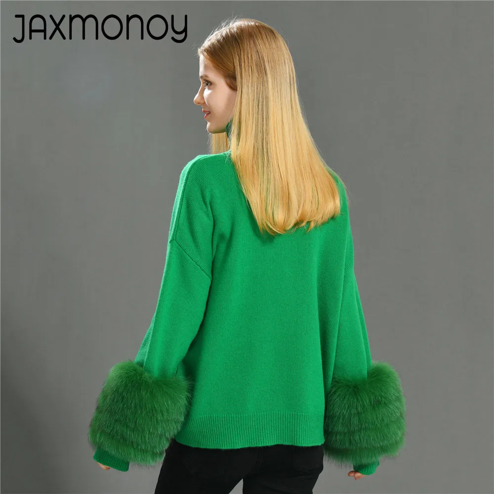 Jaxmonoy Women's Pullover with Real Fox Fur Cuffs Ladies Solid Color Sweater Autumn Winter Fashion Wool Knitted Tops New Arrival