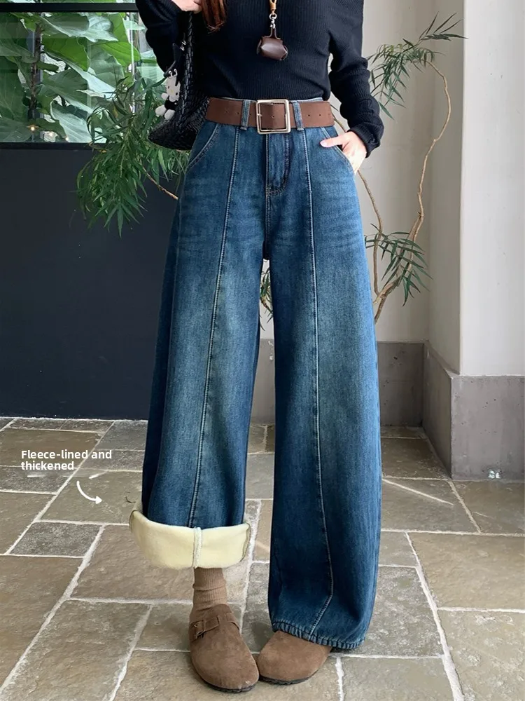 

Ретро джинсы с высокой талией на подкладке Thi, широкие джинсы, женские зимние свободные повседневные прямые брюки длиной до пола