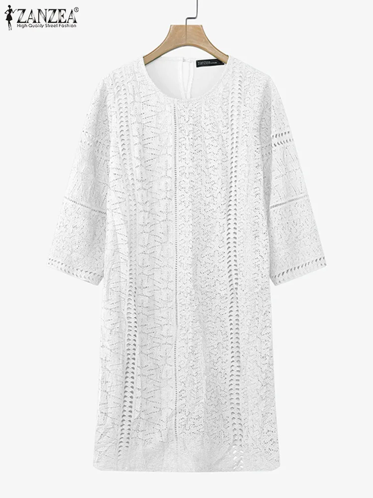 ZANZEA 2025 Women Elegant Office OL Dresses Summer Mini Dress Fashion 3/4 Sleeve Casual Lace Sundress Solid Color Short Robe