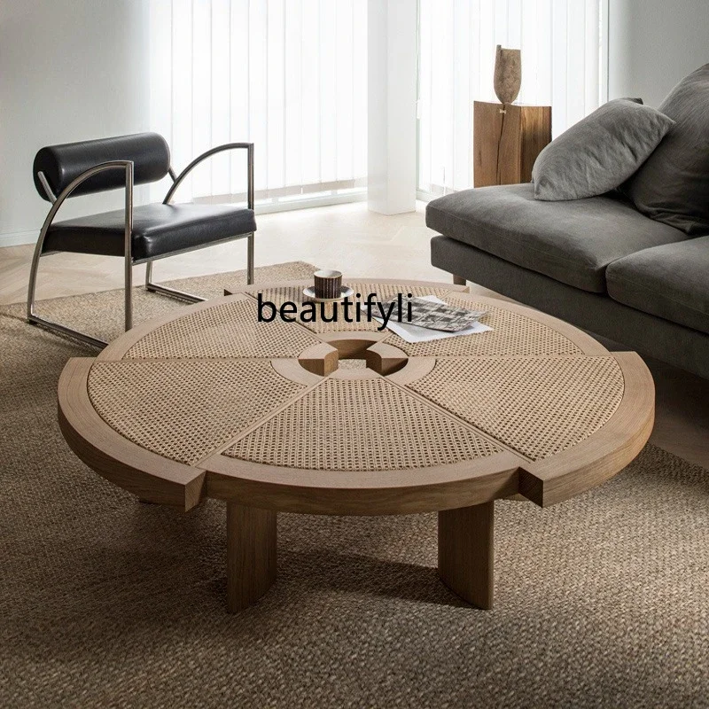 

Japanese retro creative polygonal cherry solid wood rattan coffee table round low table small apartment living room0420