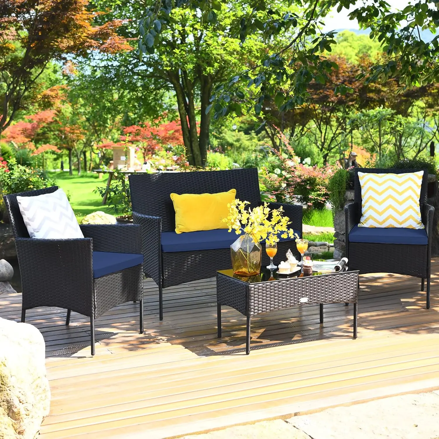 4 Piece Outdoor Wicker Conversation Set with Tempered Glass Coffee Table, Rattan Loveseat & Chairs Set with Seat Cushions