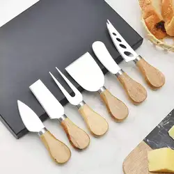 6pcs/set Wood Handle Knife Sets Bamboo Cheese Cutter Slicer Kitchen Cheedse Stainless Steel Knife Kitchen Cooking Accessories