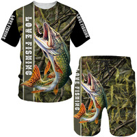 Camouflage 3D Crap Fishing Print Summer Men's Beach Shorts Set Short Sleeve T-shirts+Shorts 2 Pcs Set Oversized Tracksuit Suits