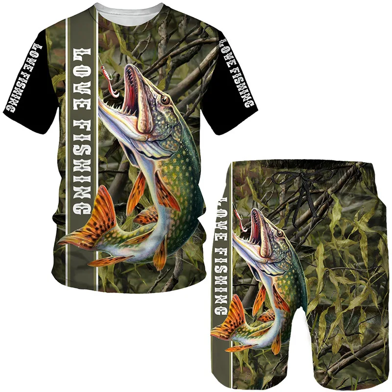 Camouflage 3D Crap Fishing Print Summer Men's Beach Shorts Set Short Sleeve T-shirts+Shorts 2 Pcs Set Oversized Tracksuit Suits