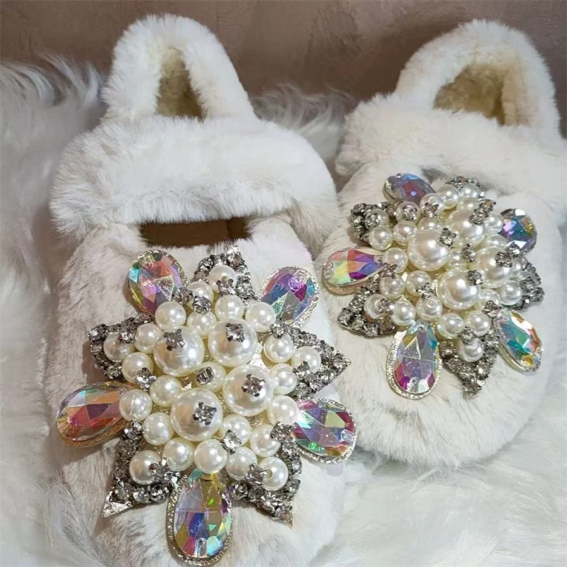 Luxury Crystal Pearl Gemstone Accessories Wedding Party Naked boots Handmade custom white shallow cut women\'s cotton shoes 35-40