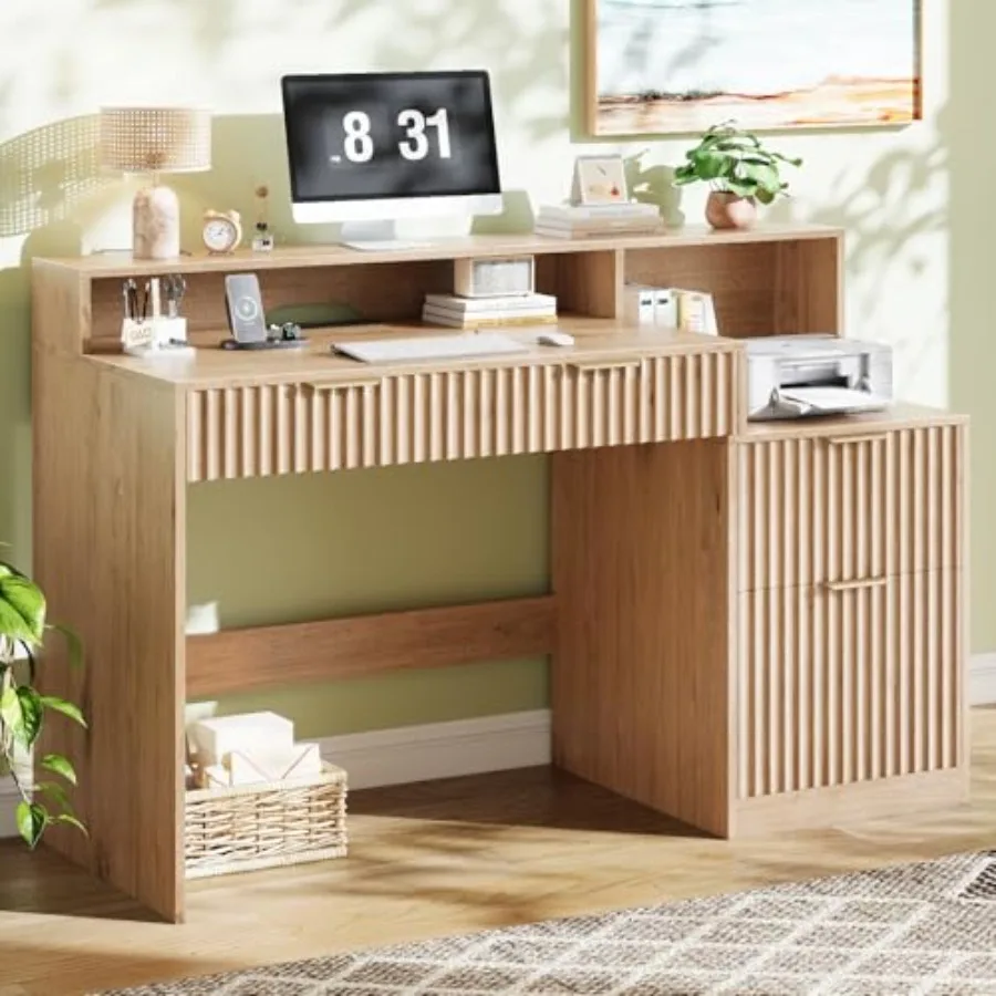Fluted Computer Desk with Power Outlets, Home Office Desk with Drawers, Printer Stand, Wood Computer Desk with Long Monitor Sta