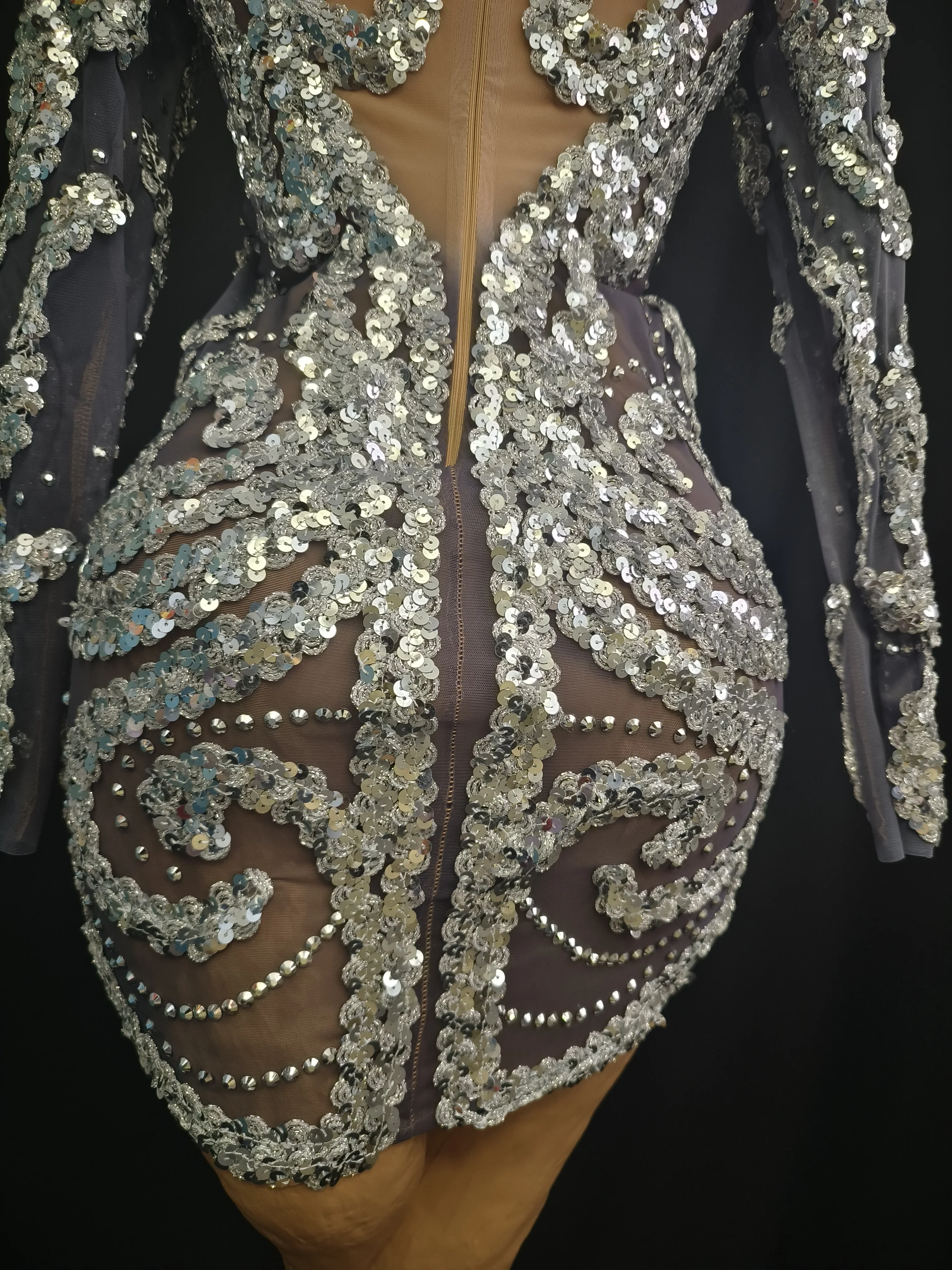 Vrouwen Print Strass Mesh Bodycon Mini-jurk Lange mouw Coltrui Avondfeest Verjaardag Fotoshoot Jurk Toneelkostuums