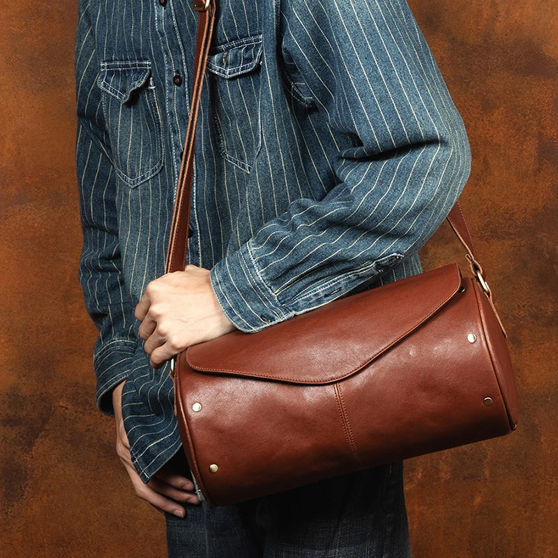 Genuine leather crossbody bag vegetable tanned cowhide men's bag casual vintage fashion round bucket bag single shoulder bag