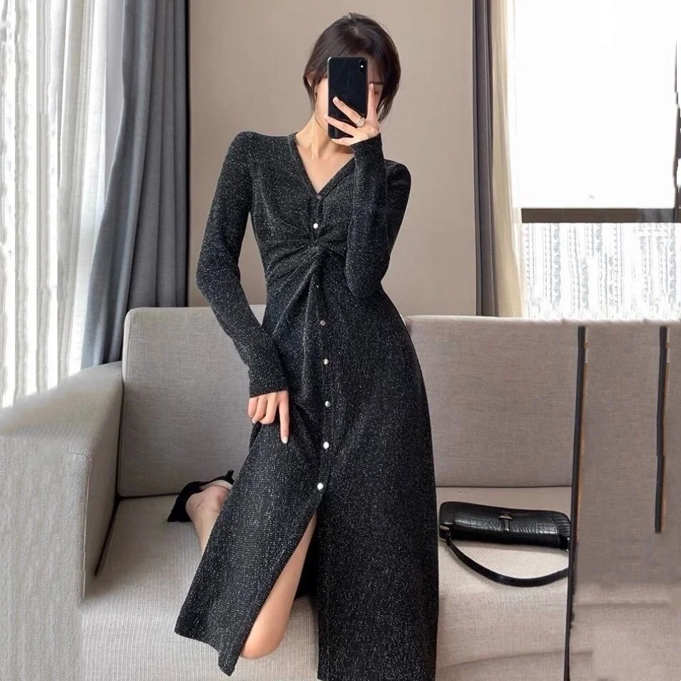 Large Knitted Dress Elegant Women's Design Feel Waist Button V-Neck Spring Fat Mm Sexy Split Long Dress Fashion Woman Clothing