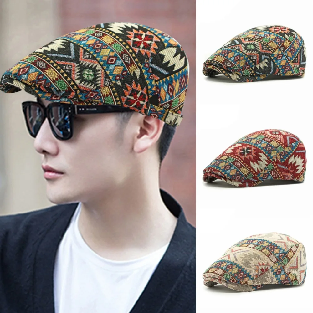 

Fashion Adjustable Ethnic Style Berets Hat Bohemian Painter Retro Newsboy Caps Vintage Geometric Newsboy Flat Cap Men Women