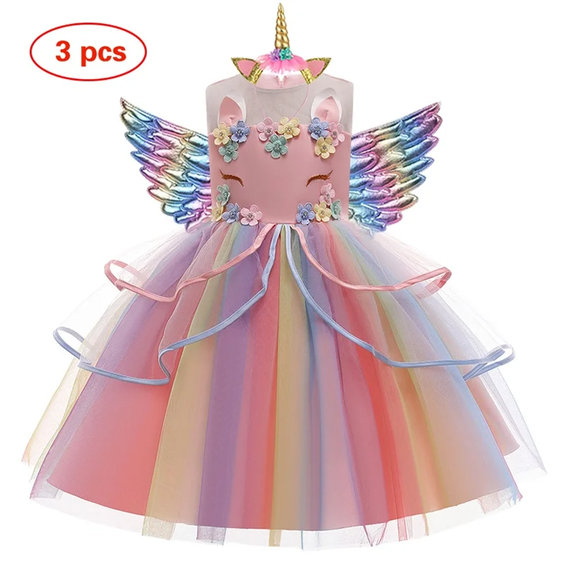 Girl Unicorn Dress Children Party Birthday Princess Costume Sleeveless Trailing Wedding Christmas Outfit Kids Girl Clothing