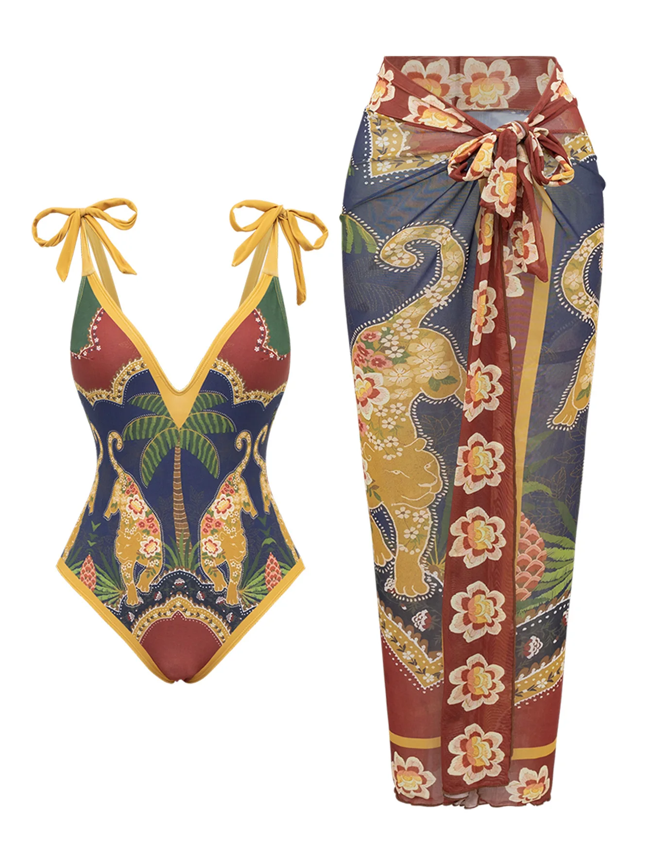 sexy vintage floral print deep v-neck swimsuit bodysuits two pieces with long cover skirt bathing suit swimwear biquini tankini