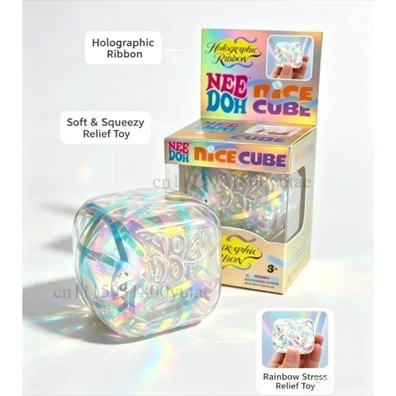 NeeDoh Nice Cube Stress Relief Squish Toy Holographic Ribbon Glow Squeeze Fidget Cube Sensory Decompression Toy for  Adults Gift