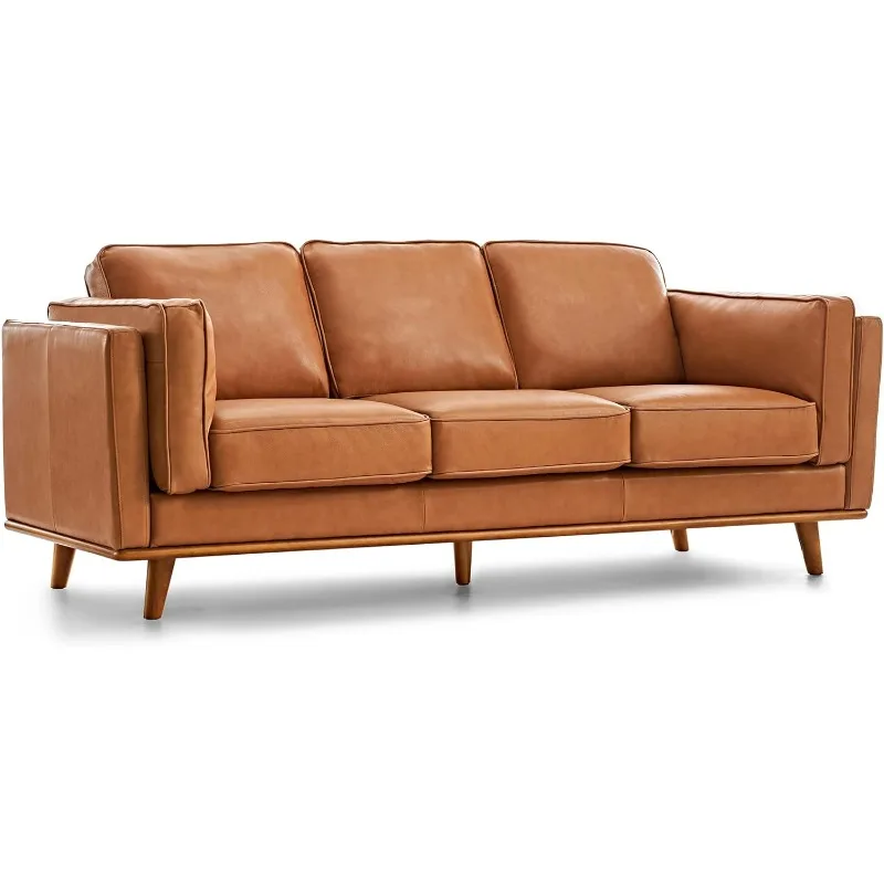 

Pure Full Italian Nappa Leather Couch, Solid Wood Accent, Ultimate Comfort, Cognac Tan