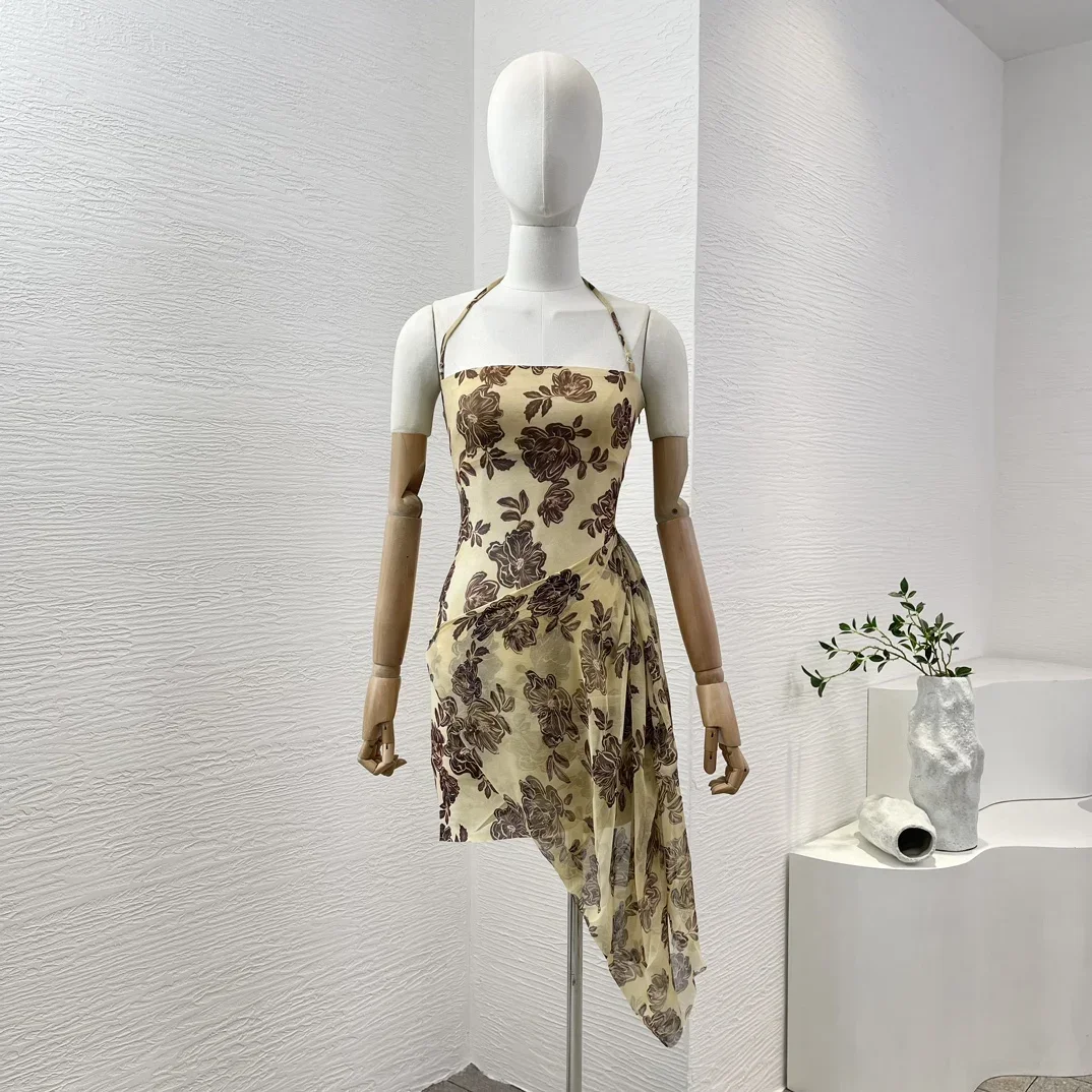 Beach Style 2024 New Summer Yellow Floral Print Sleeveless Casual Lady Halter Sling Asymmetrical Hem Tube Holiday Mini Dress