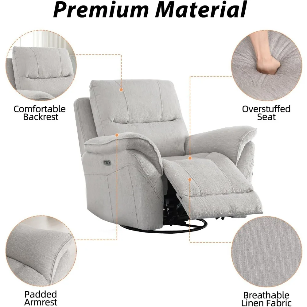 Power Recliner เครื่องร่อนแบบหมุน, โซฟาปรับเอนแบบหมุนได้แบบผ้าไฟฟ้าพร้อมพนักพิง Overstuffed, โซฟาปรับเอนเก้าอี้ไฟฟ้า