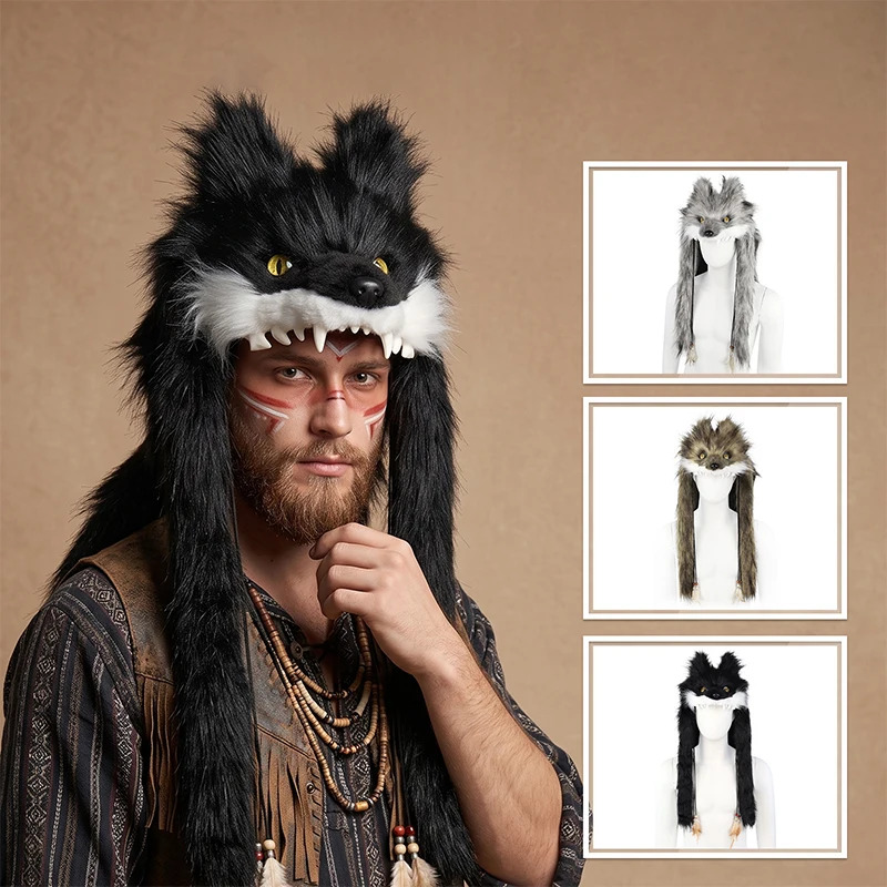 Halloween Werewolf Roleplay Furry Wolf Head Hat Medieval Viking Tribe Style Plush Wolf Head Mask Carnival Cosplay Accessories