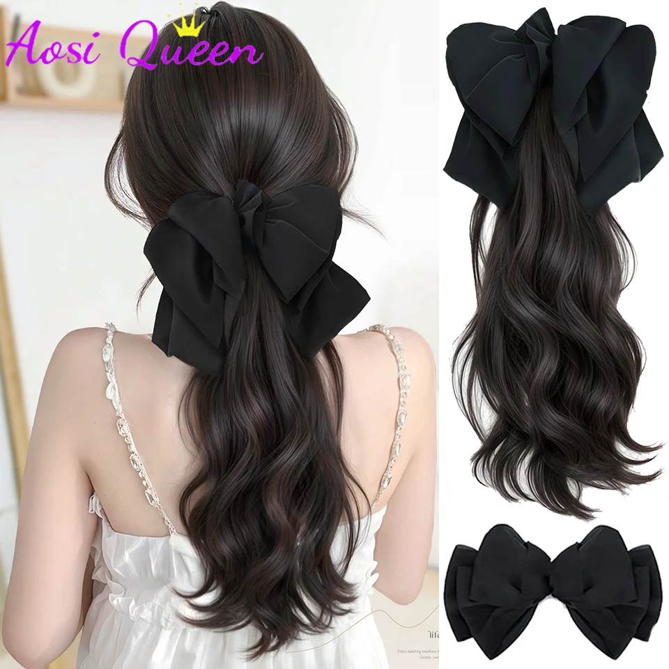 18Inch Synthetic Long Wavy Curly Ponytail With Bow Wig Claw Clip in Ponytail Hairpiece for Women Detachable bow claw clamp