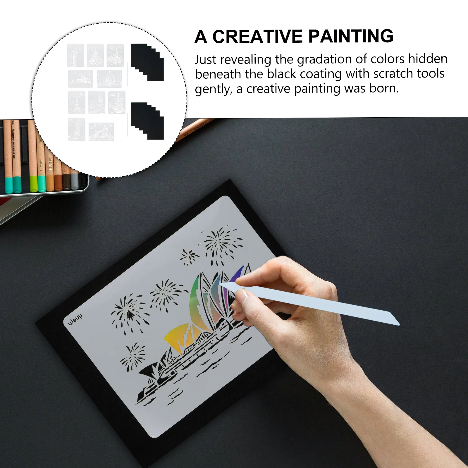 

2 set 2 Sets Scratch Paper Pens Kids Diy Crafts Scratch Painting Kit Reusable Stencils Art Activity Busy Book Travel Game