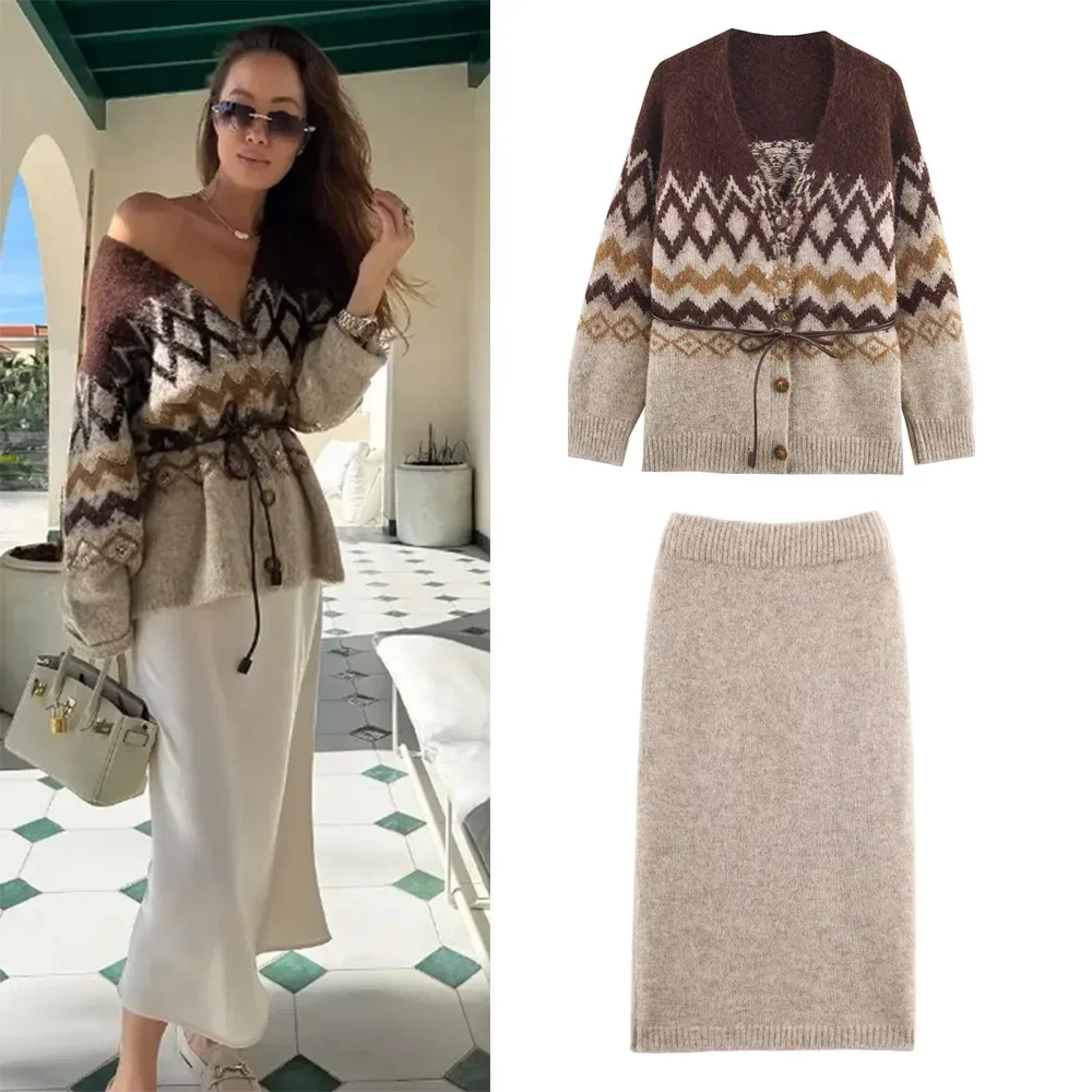 المرأة محبوك ميدي التنانير قطعتين مجموعات الجاكار حزام سترة متماسكة محبوك ميدي تنورة المرأة الدعاوى الخريف الشتاء امرأة الزي #1