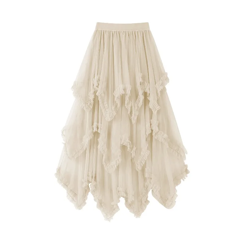 

2026 Irregular Tulle Half Skirt Women High Waist A-Line Cake Skirt Spring New Style Solid Asymmetrical Women Half Body Skirt