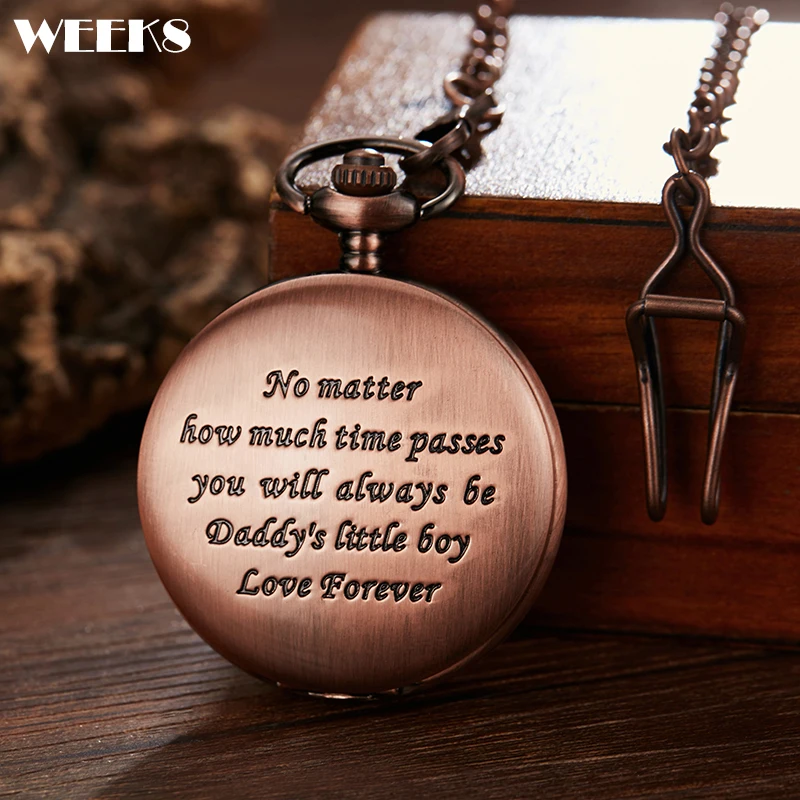 

Luxury Quartz Pocket Watch from Dad Father's to Son Kids Children Birthday Gifts Present Fob Chain Rose Gold Engraved Case Clock