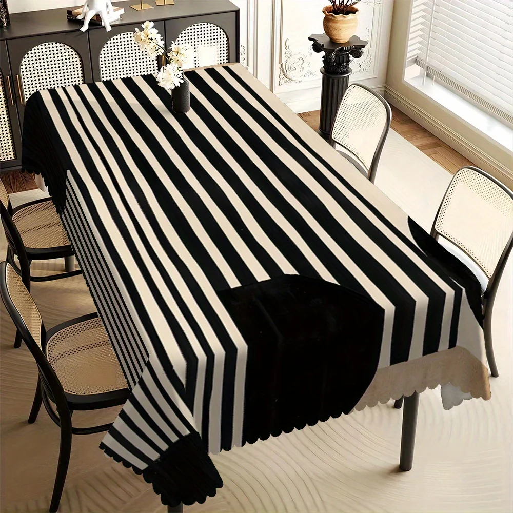 Vintage Mid-Century Black Cream Striped Tablecloth Impermeable Wipeable Cover For Family Dinner Kitchen Multi Scene Table Decor