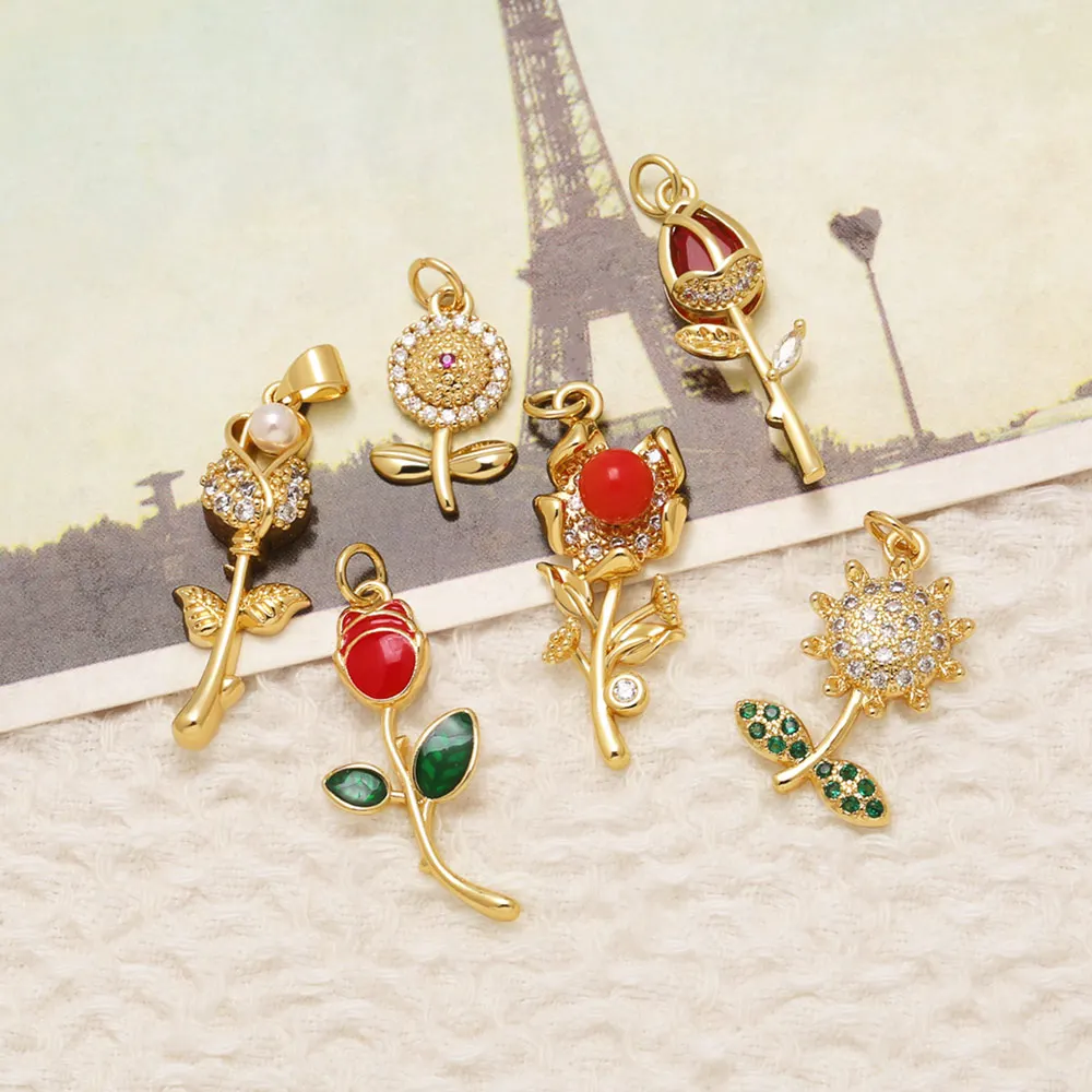 OCESRIO Gold Plated Sunflower Pendant Charm with Green CZ Leaves for DIY Jewelry Making Necklace Bracelet Accessories pdtb886