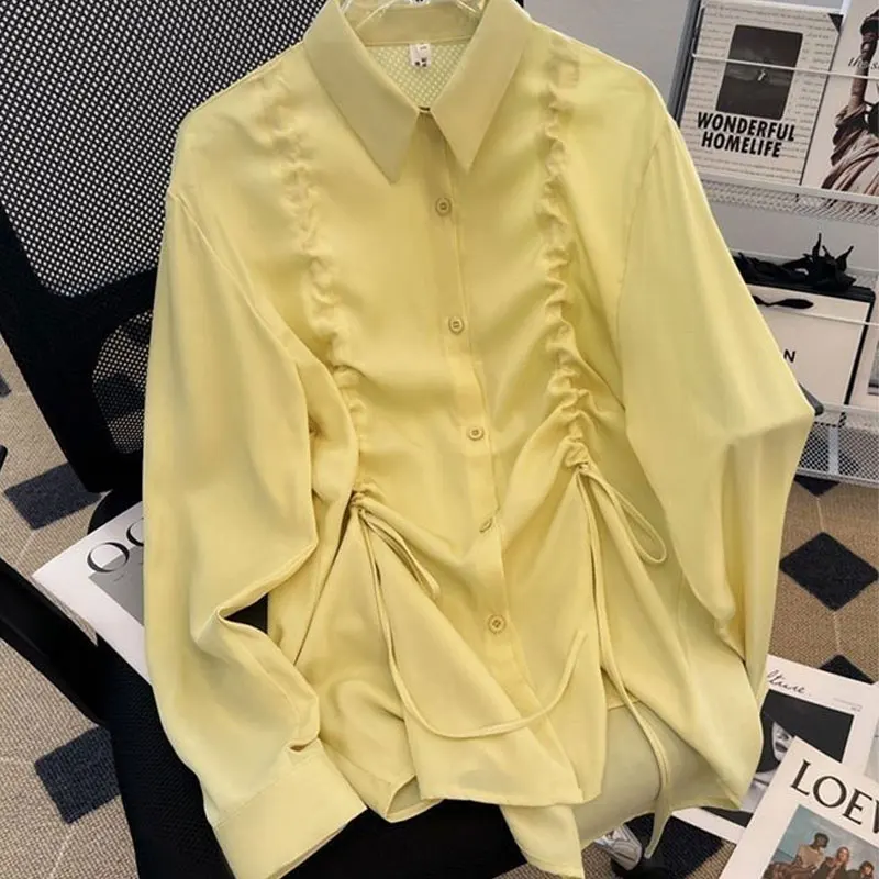 Streetwear Solid Color All-match Loose Blouse Female Shirring Drawstring Spring Autumn Korean Polo-Neck Single-breasted Shirt