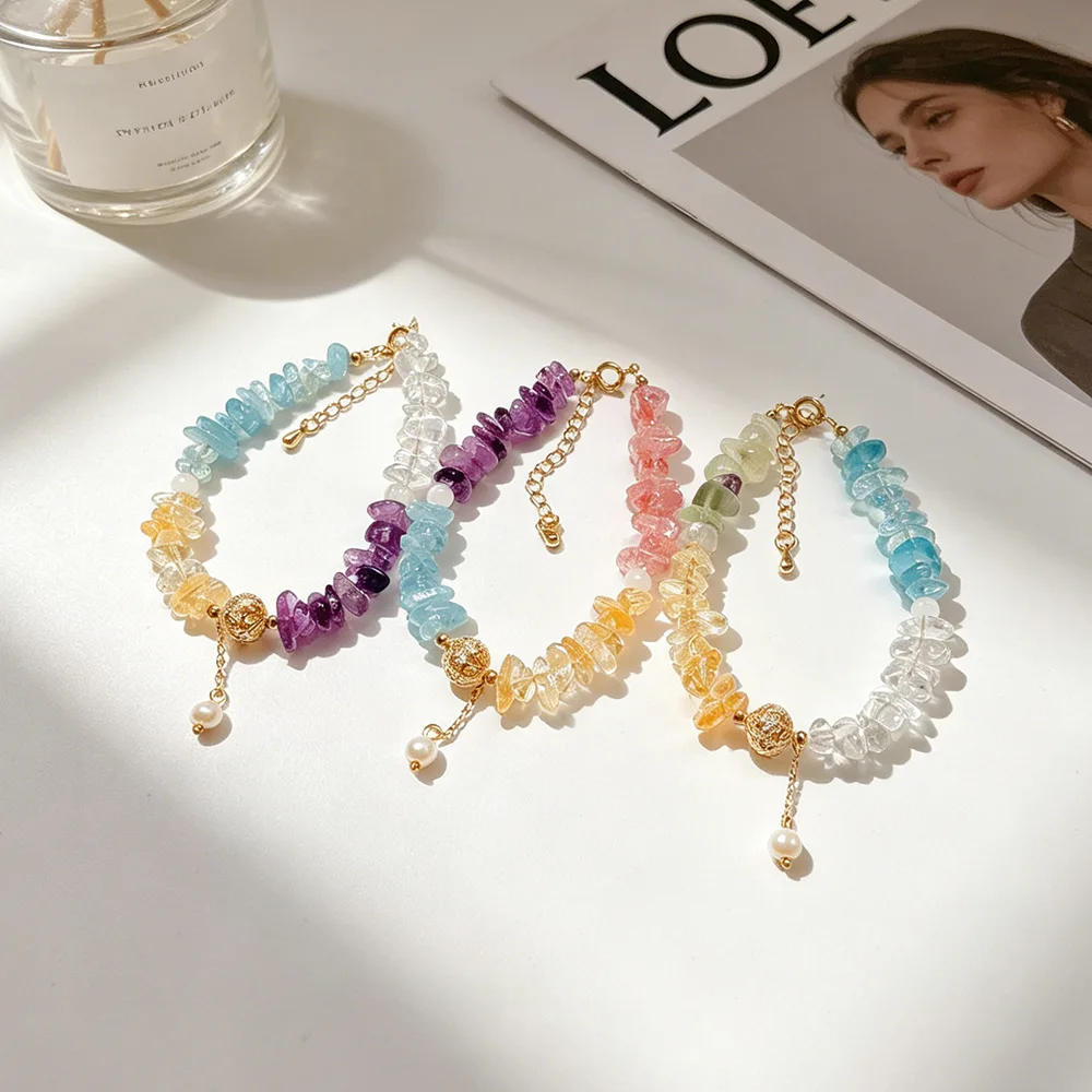 

Irregular Natural Multi Gemstone Crystal Chip Beads Beaded Strand Bracelets for Women with Lucky Metal Hollow Ball Charm Jewelry
